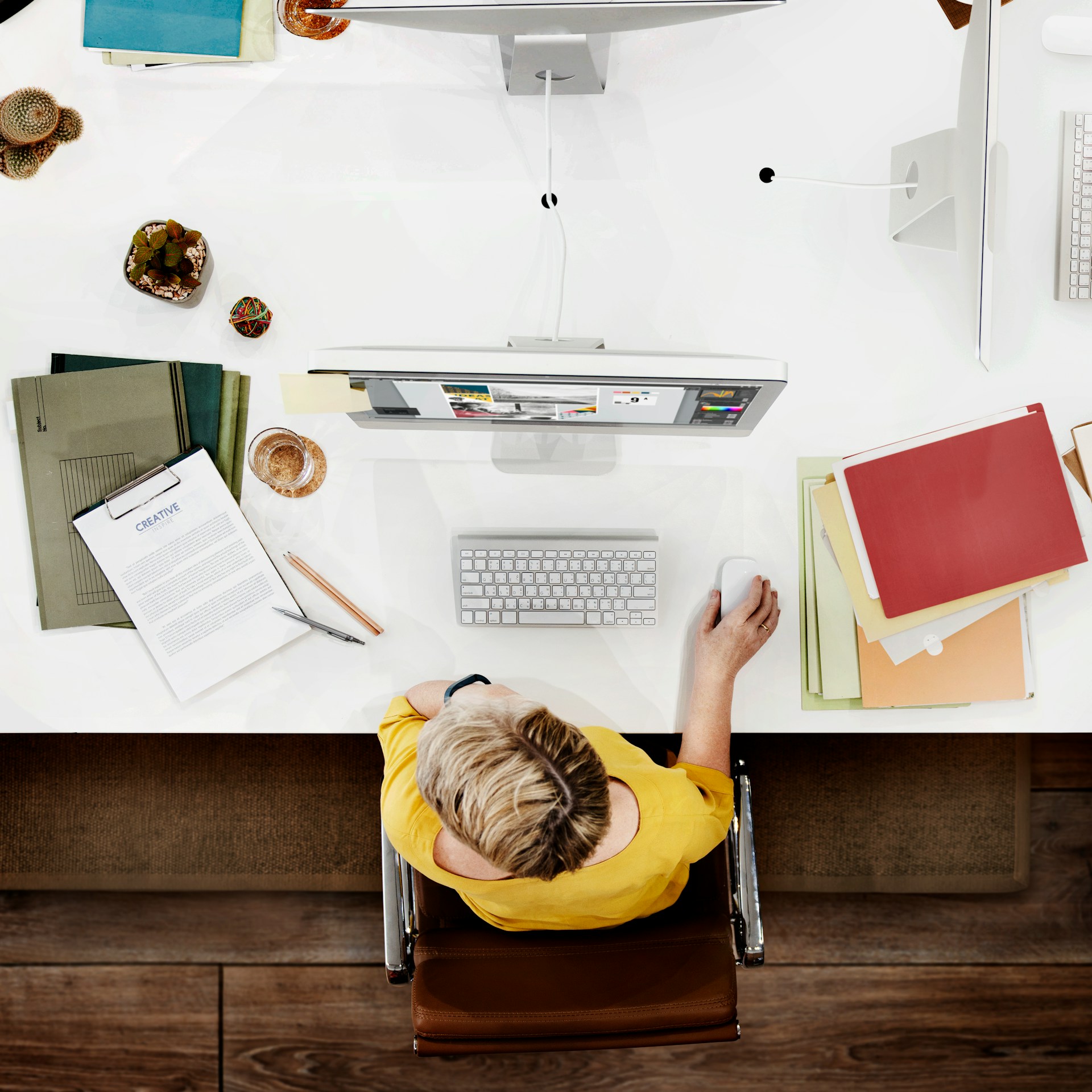 Top view of a person using a computer