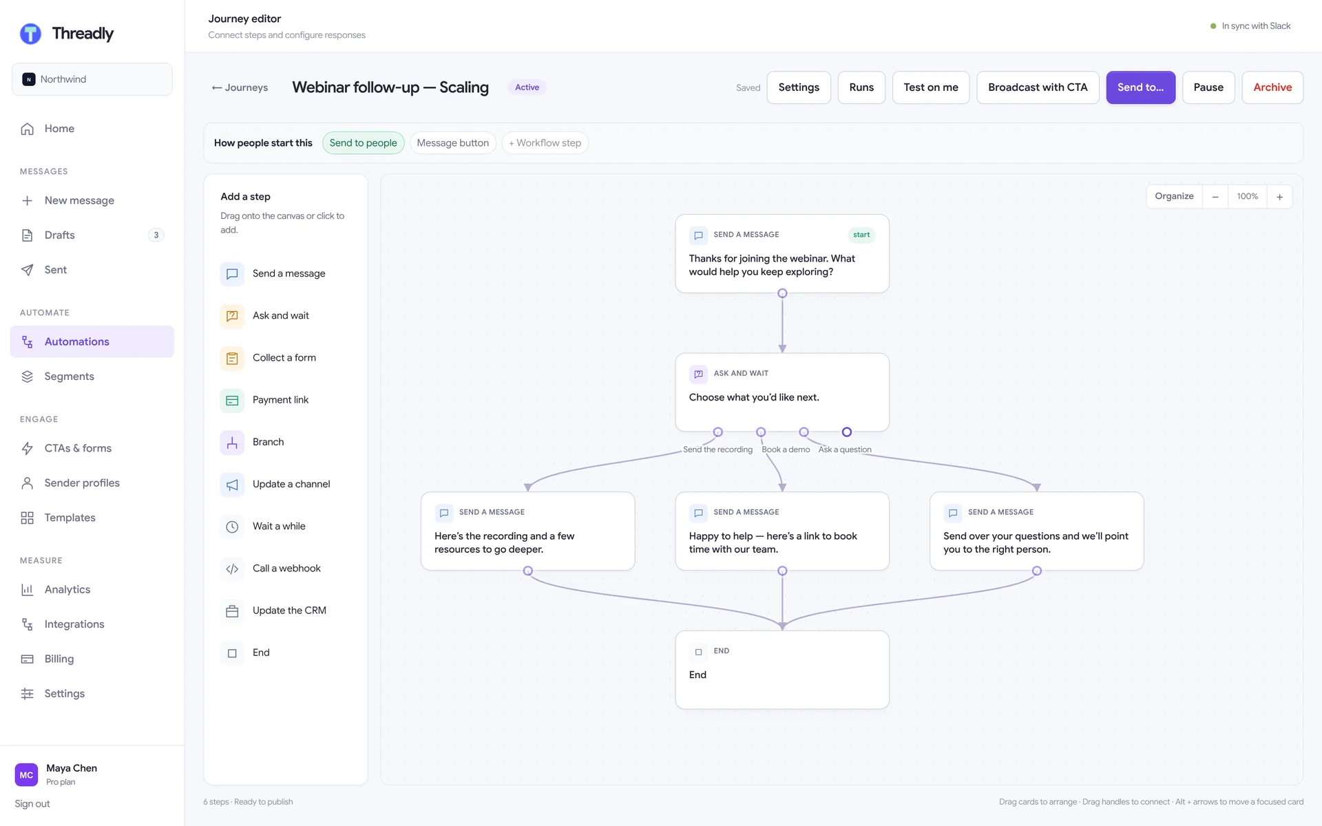 Threadly journey editor with a step palette and a branching canvas