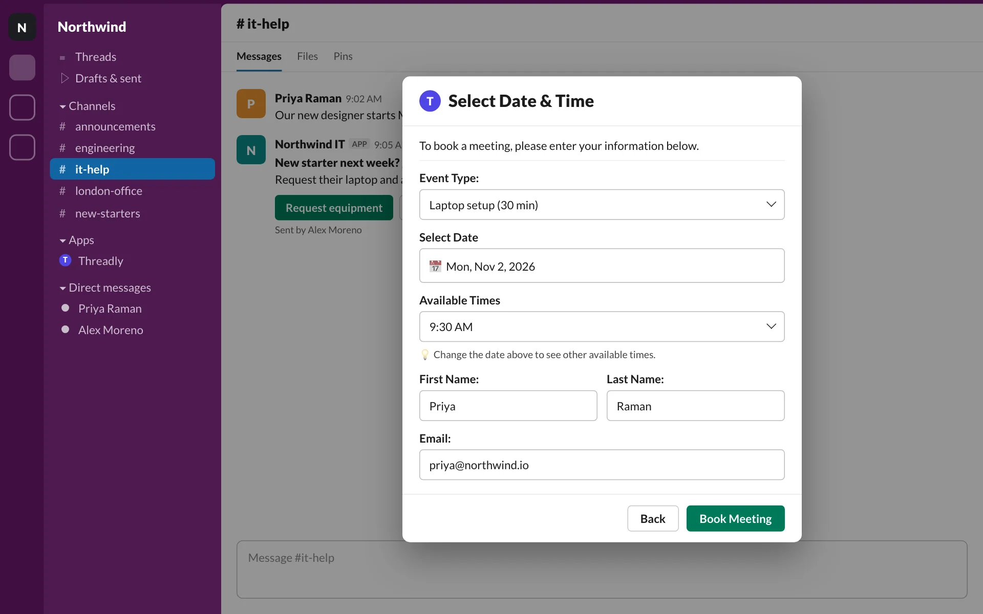 Select Date & Time modal in Slack for a 30-minute laptop setup session