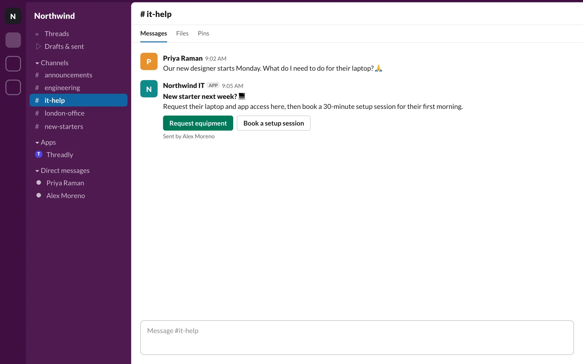 A Northwind IT message in #it-help with Request equipment and Book a setup session buttons
