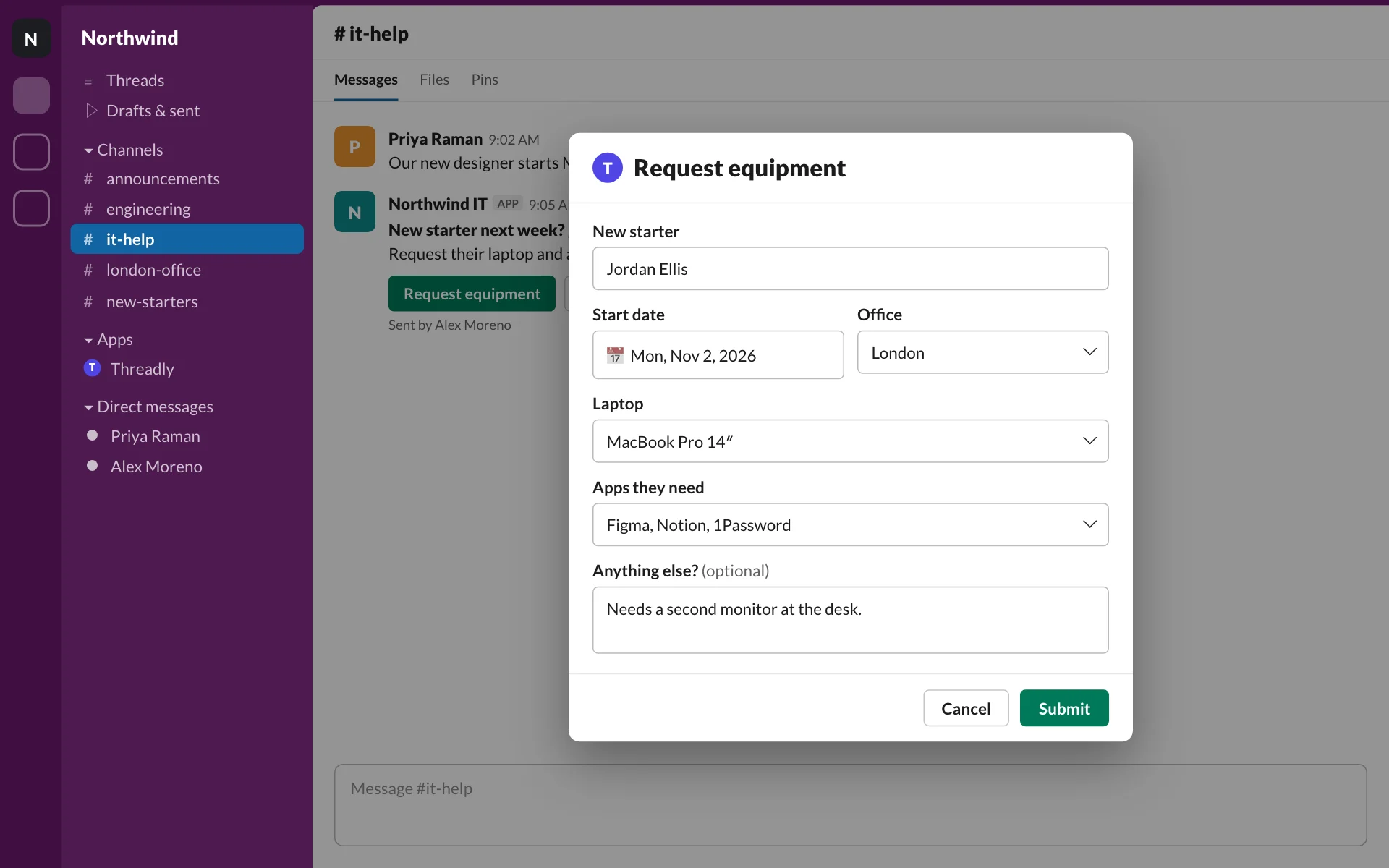 Request equipment form open in Slack: new starter, start date, office, laptop and apps