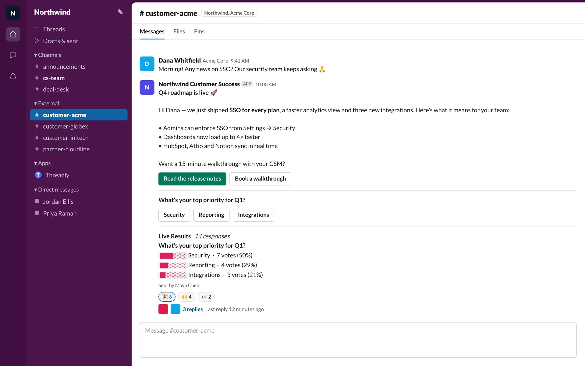 A Threadly broadcast in a Slack Connect channel with buttons, a poll and live results