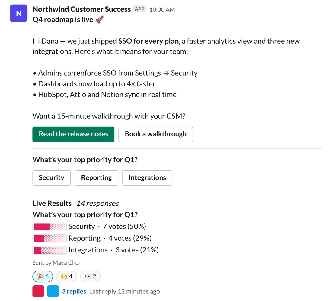 A Threadly message in Slack with buttons, a one-click poll and live results